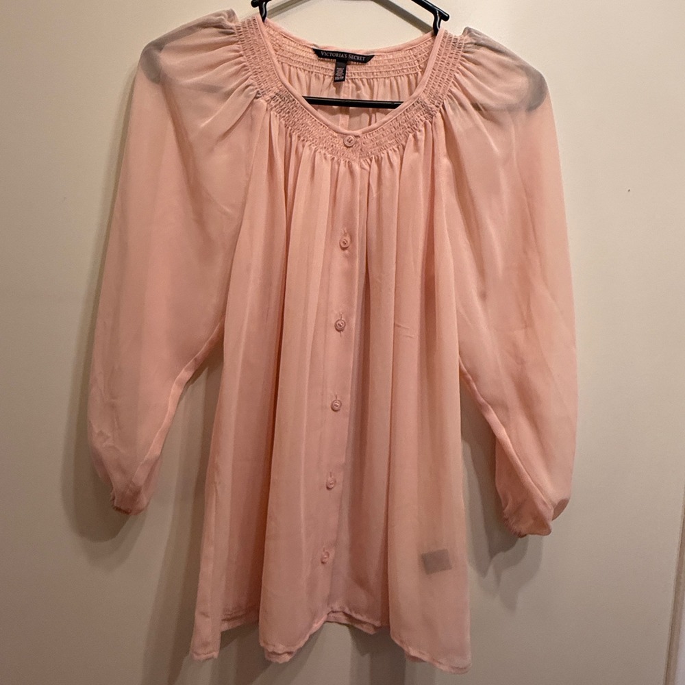 Victoria's Secret Pink Blouse Top XS Extra Small 3/4 Sleeve Button‎ Down Sheer
